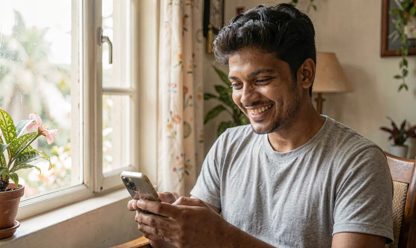 F111 App – Enjoy smooth and convenient mobile casino gaming in Bangladesh Cheerful Bangladeshi man enjoying the F111 mobile casino app while browsing games on his smartphone at home