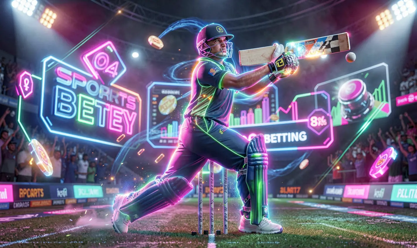 Dynamic neon cricket player striking the ball inside a futuristic stadium showcasing immersive sports betting action on F111 in Bangladesh