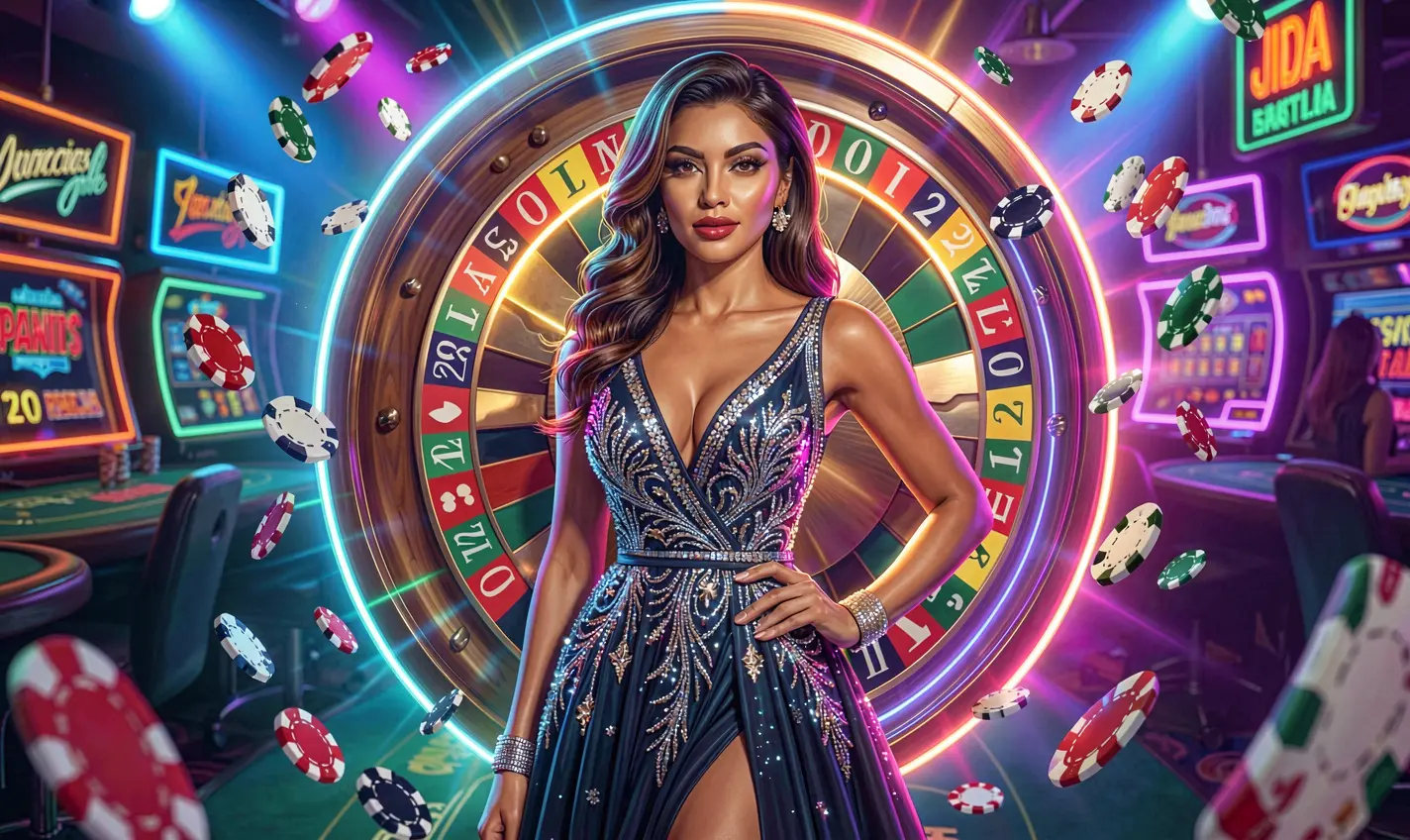 A glamorous casino hostess surrounded by flying chips and a glowing roulette wheel representing the excitement and premium bonuses available at F111 for players in Bangladesh