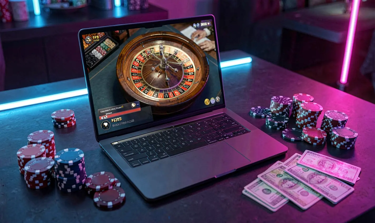 Stylish online roulette scene on a laptop surrounded by casino chips and neon lights representing the immersive F111 casino experience in Bangladesh