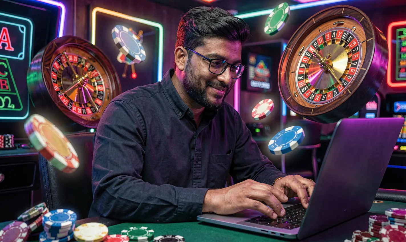 F111 Games – Dive into immersive online casino gameplay anytime in Bangladesh Stylish Bangladeshi player enjoying immersive online casino gameplay on a laptop surrounded by vibrant digital roulette effects at F111 Games