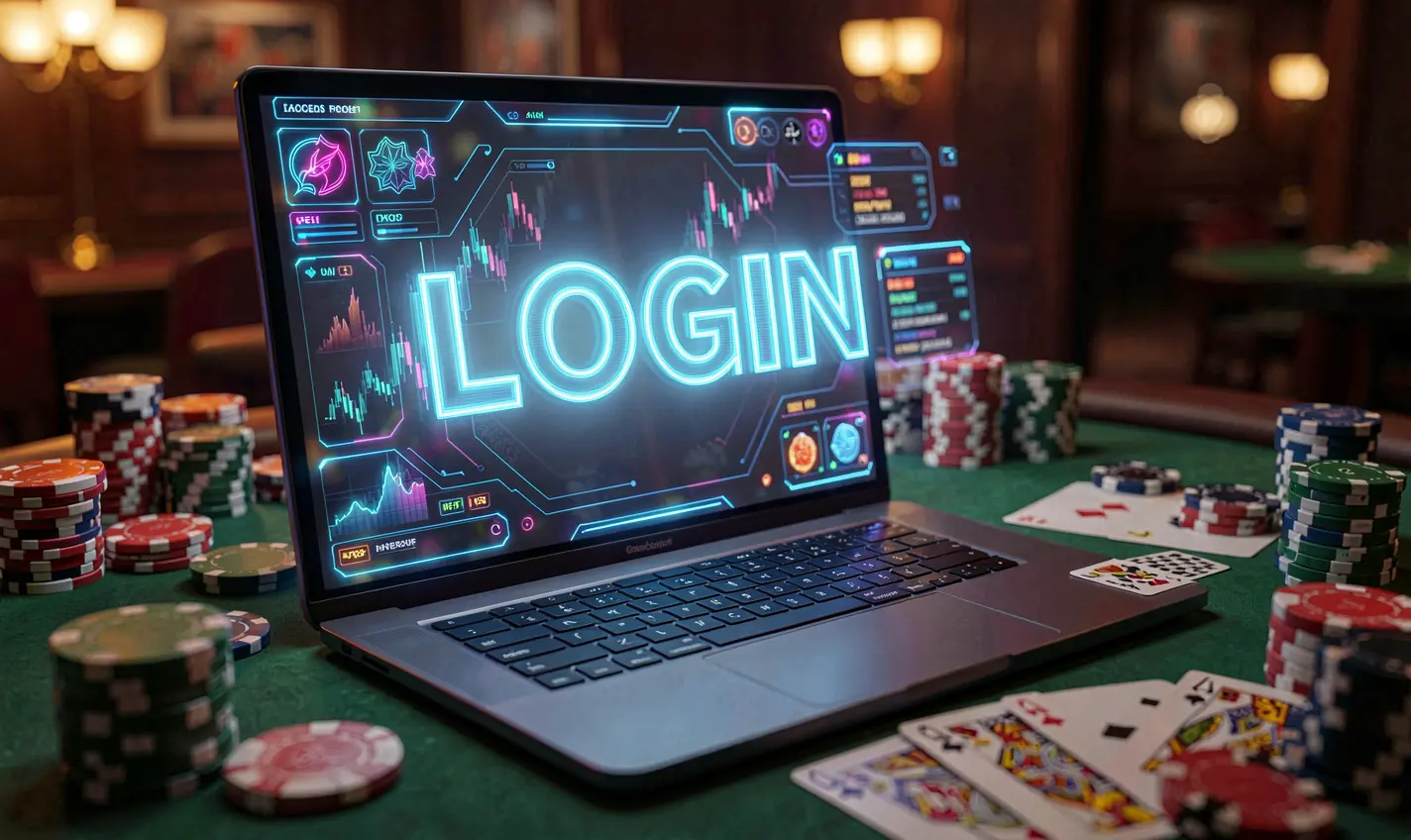 F111 Login – Enter your account and start playing instantly in Bangladesh Modern laptop showing the F111 login interface with a glowing button and blurred casino chips in the background for secure access in Bangladesh