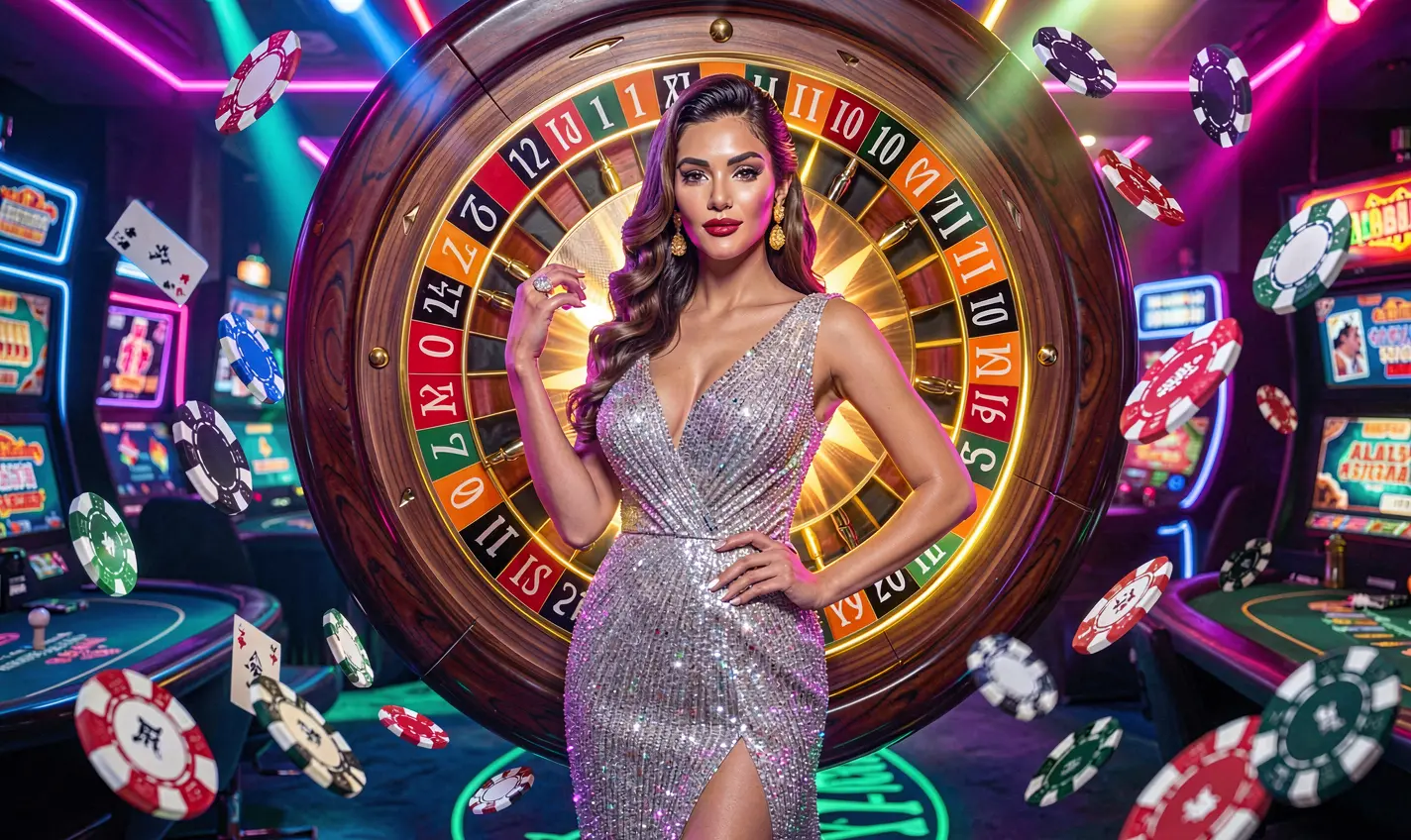 Elegant casino woman posing in front of a glowing roulette wheel with flying chips representing the premium gaming experience of F111 Casino for players in Bangladesh