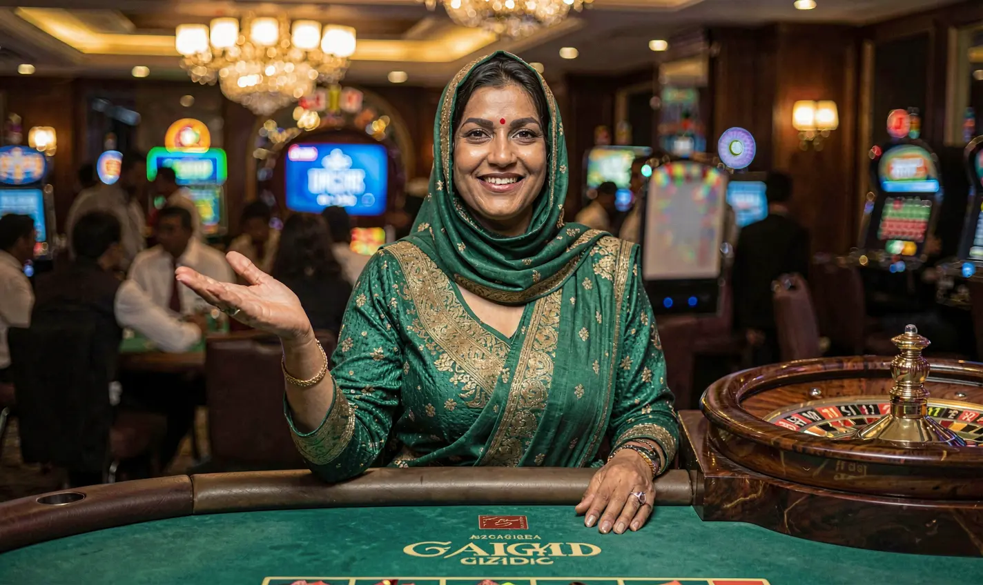 Smiling live casino dealer in a red uniform presenting a roulette table with bright lights and a vibrant casino atmosphere at F111 for Bangladeshi players