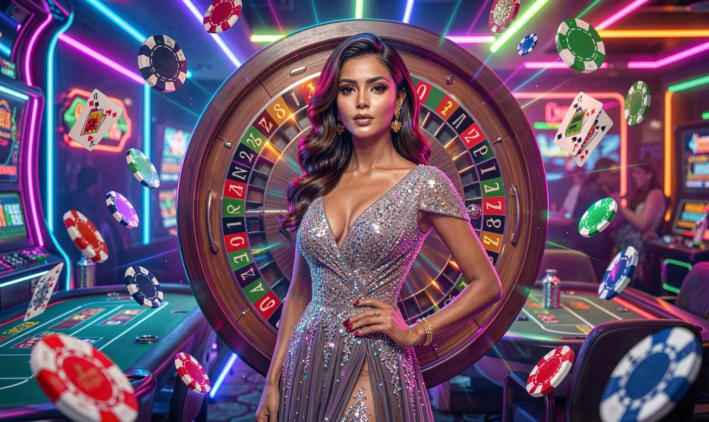 Elegant casino woman in a sparkling dress standing before a glowing roulette wheel with flying chips symbolizing luxury entertainment and big wins at F111 online casino for players in Bangladesh